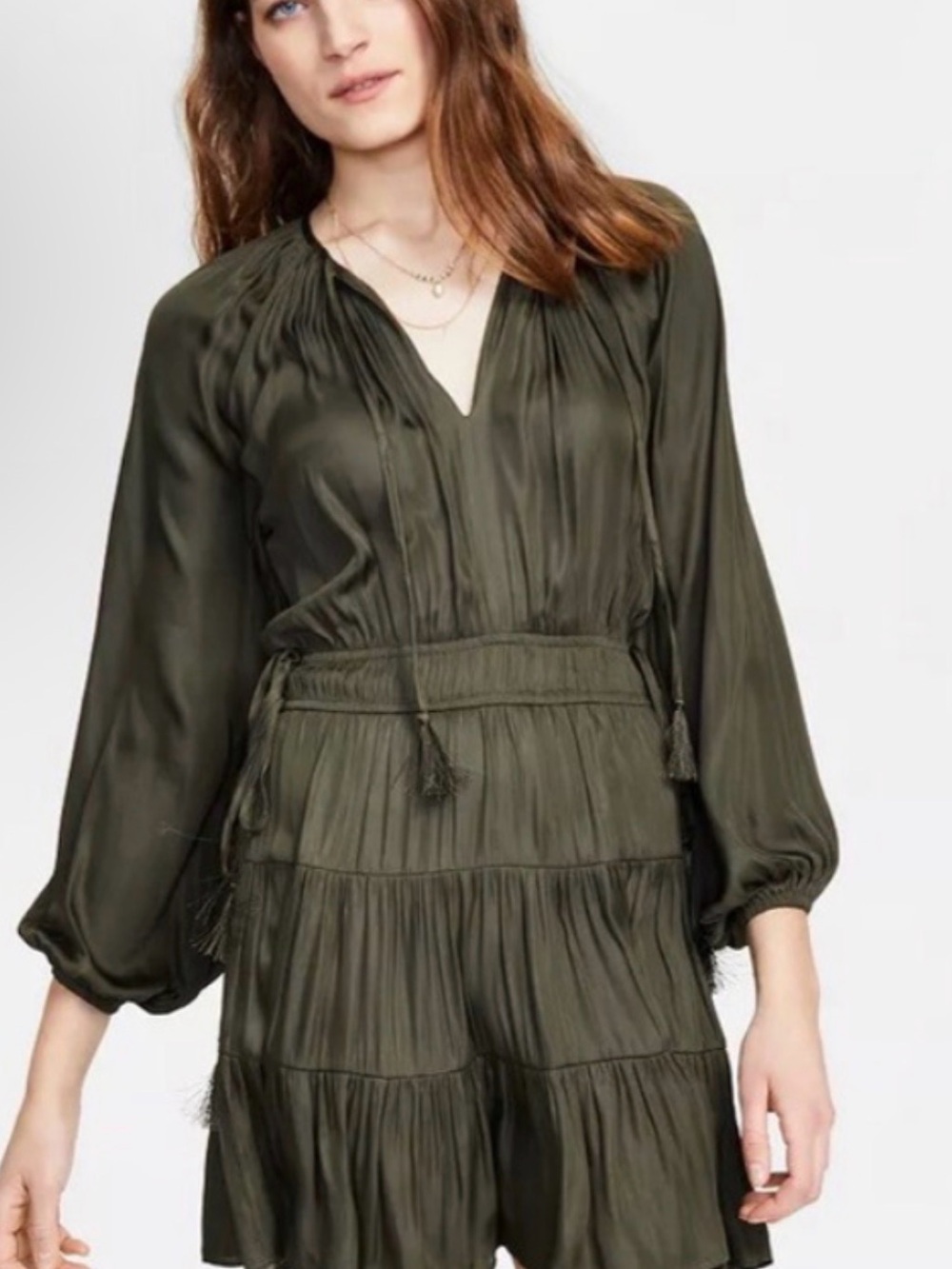 Minkpink Olive Green V-Neck Long-Sleeve Tiered dress